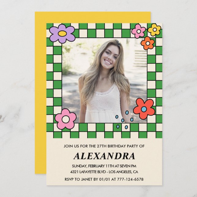 27:e födelsedagsinbjudan Retro Groovy Blommigt Inbjudningar (Fram/baksida)