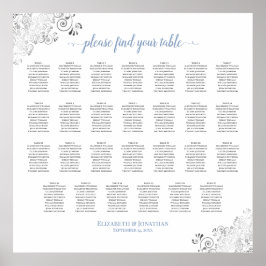 27 Table Frilly Wedding Seating Chart White & Blue Poster