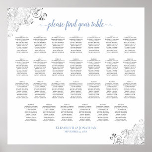 27 Table Frilly Wedding Seating Chart White & Blue Poster