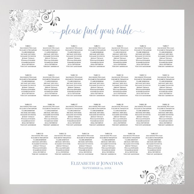 27 Table Frilly Wedding Seating Chart White & Blue Poster (Framsidan)