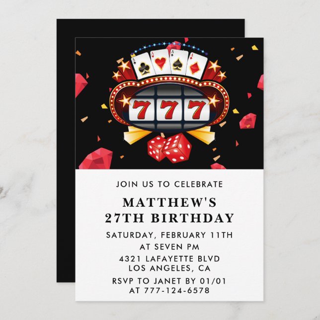 27th birthday invitations Casino theme Poker Black Inbjudningar (Fram/baksida)