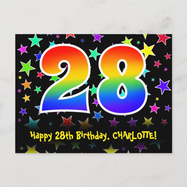 28-årsdag: Roligt stjärnmönster, regnbåge 28, namn Vykort (Framsida)