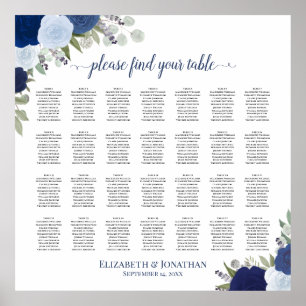 28 Bord Blue Boho Blommigt Bröllop Sittplatsdiagra Poster