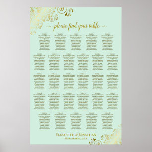 28 Bord Bröllop Placeringsplan Mintgrön & Guld Poster