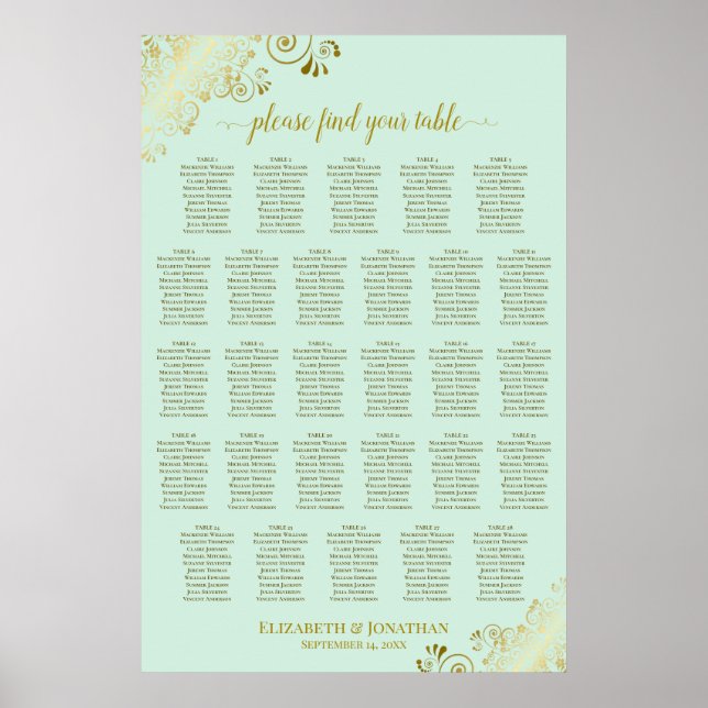 28 Bord Bröllop Placeringsplan Mintgrön & Guld Poster (Framsidan)