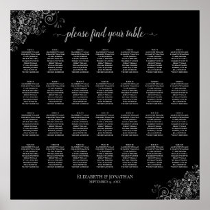 28 Bord Bröllop, sätesschemat Silver Frills Black Poster