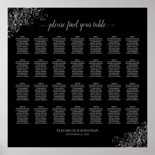 28 Bord Bröllop, sätesschemat Silver Frills Black Poster (Framsidan)