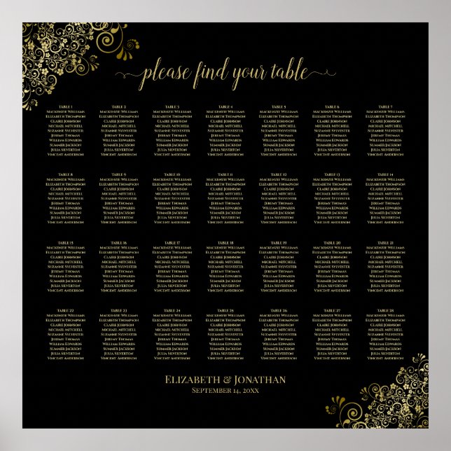 28 Bord Bröllop-sätessjökort, svart och Guld Poster (Framsidan)