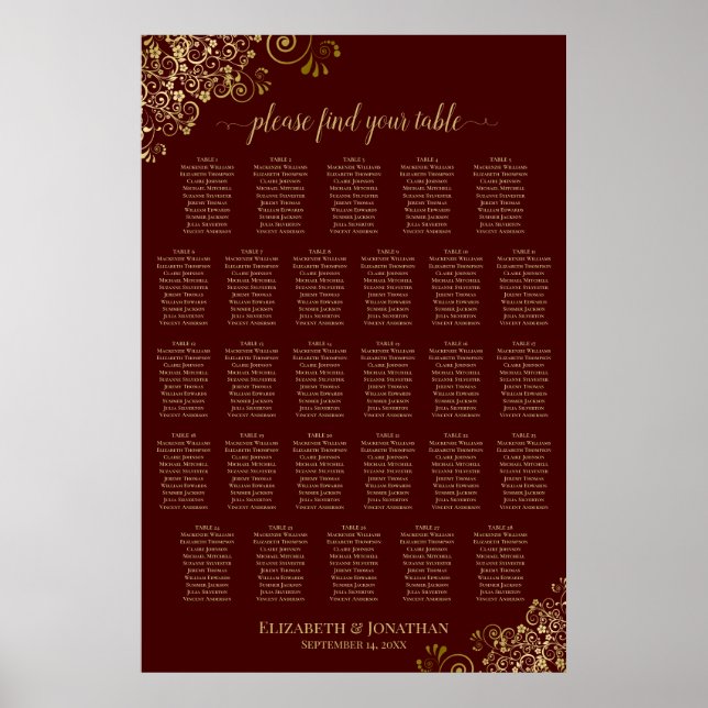 28 Bord Bröllopsplatskarta Auburn Brun & Guld Poster (Framsidan)