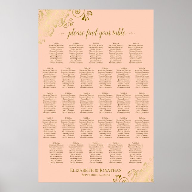 28 Bord Bröllopsplatskarta Coral Peach & Guld Poster (Framsidan)