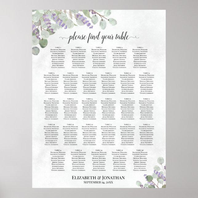 28 Bord Bröllopsplatskarta Eukalyptus Lavendel Poster (Framsidan)