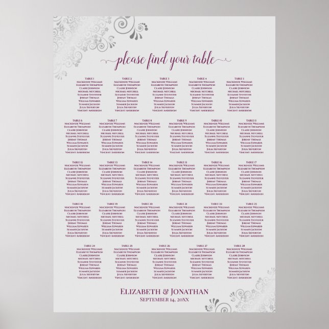 28 Bord Bröllopsplatskarta Magenta Plommon & Grå Poster (Framsidan)