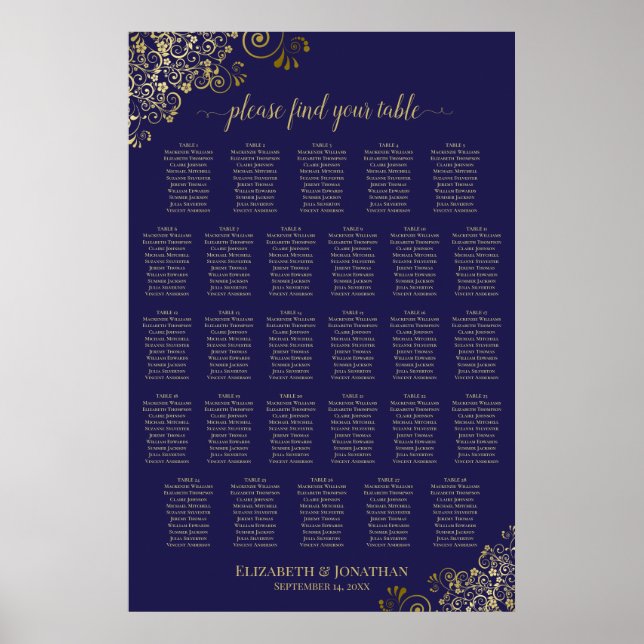 28 Bord Bröllopsplatskarta Navyblå Lacy Guld Poster (Framsidan)