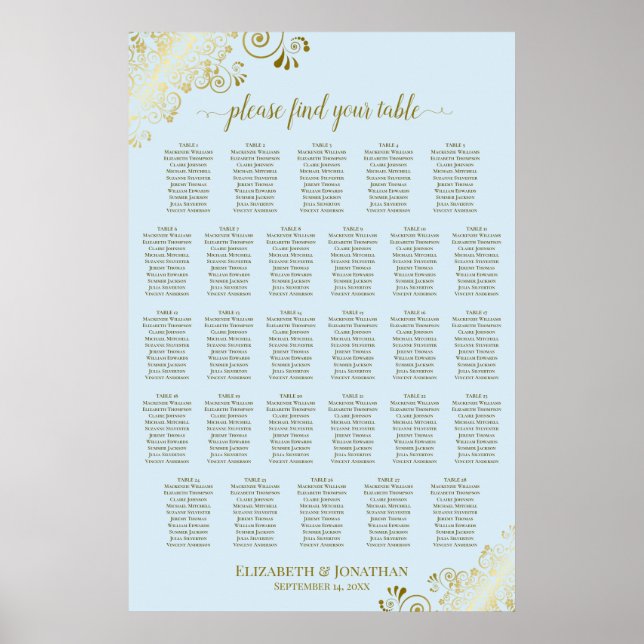 28 Bord Bröllopsplatskarta Pulverblå & Guld Poster (Framsidan)