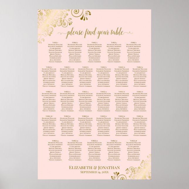 28 Bord Bröllopsplatskarta Rosa & Guld Poster (Framsidan)