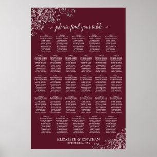 28 Bord Bröllopsplatskarta Silver på Burgundy Poster