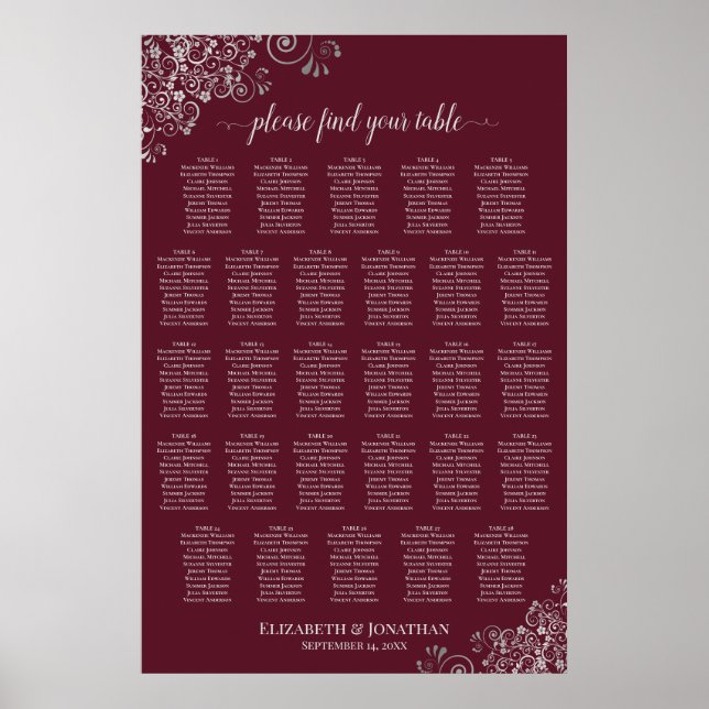 28 Bord Bröllopsplatskarta Silver på Burgundy Poster (Framsidan)