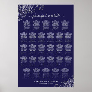 28 Bord Bröllopsplatskarta Silver på Marinblå Poster