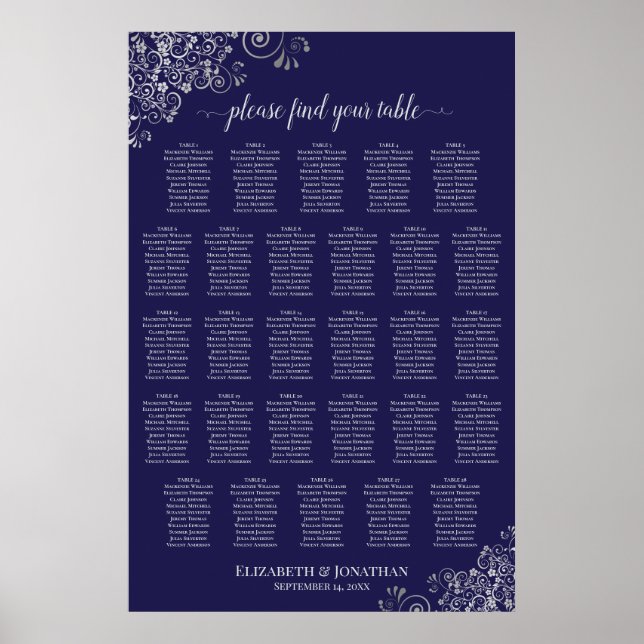 28 Bord Bröllopsplatskarta Silver på Marinblå Poster (Framsidan)