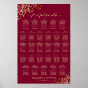 28 Bord Burgundy med Guld Accenter Placeringsplan Poster