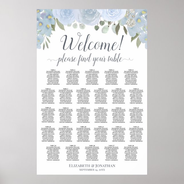 28 Bord Dammig Blå Blommig Boho Chic Placeringspla Poster (Framsidan)