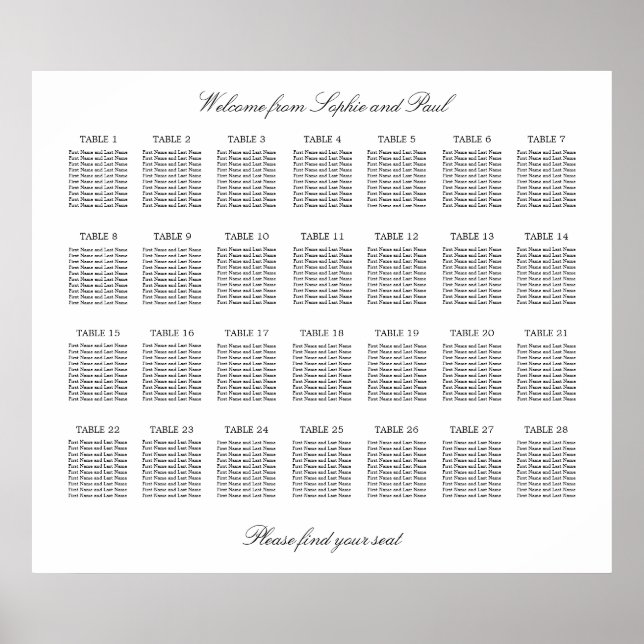 28 Bord Elegant Minimalistisk Placeringsplan Poster (Framsidan)
