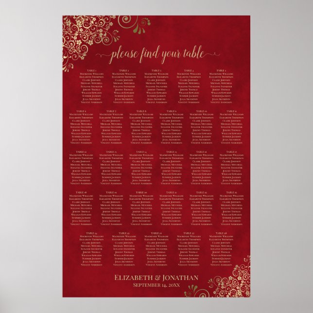 28 Bord Elegant Röd & Guld Bröllopsplatskarta Poster (Framsidan)