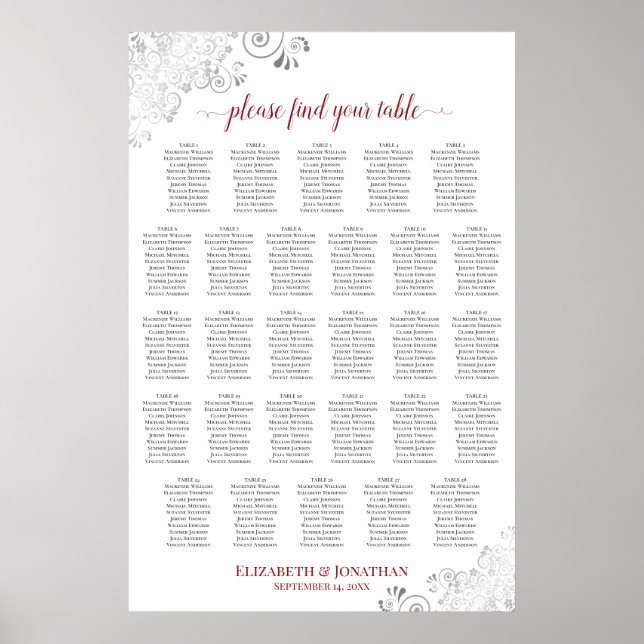28 Bord Elegant Röd & Vit Bröllopsplatskarta Poster (Framsidan)