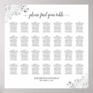 28 Bord, frills Bröllop, sätesdiagram, vit Silver Poster