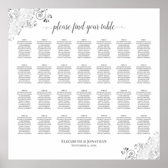 28 Bord, frills Bröllop, sätesdiagram, vit Silver Poster (Framsidan)