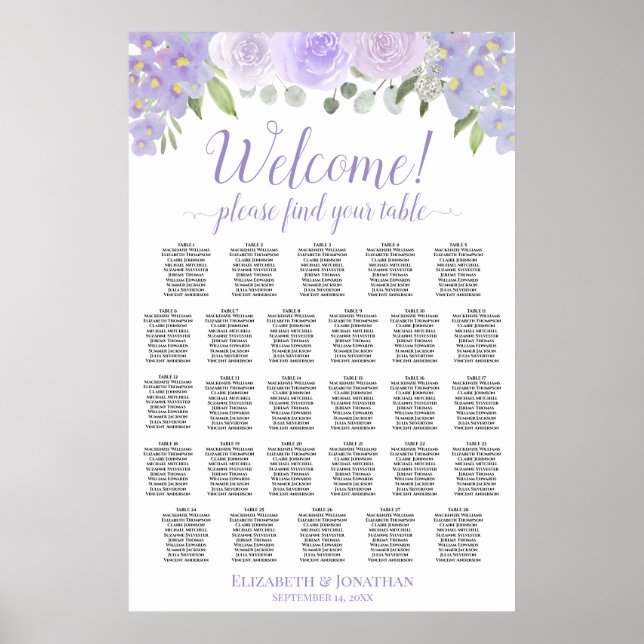 28 Bord Lavendel Blommig Bröllops Sittplatskarta Poster (Framsidan)