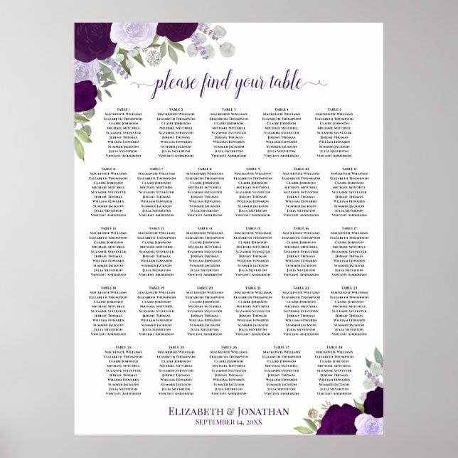 28 Bord Lila Boho Blommig Bröllopsställningsdiagra Poster (Framsidan)