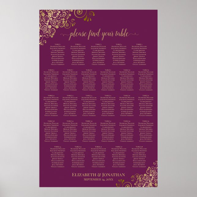 28 Bord Magenta Plommon & Guld Placeringsplan Poster (Framsidan)