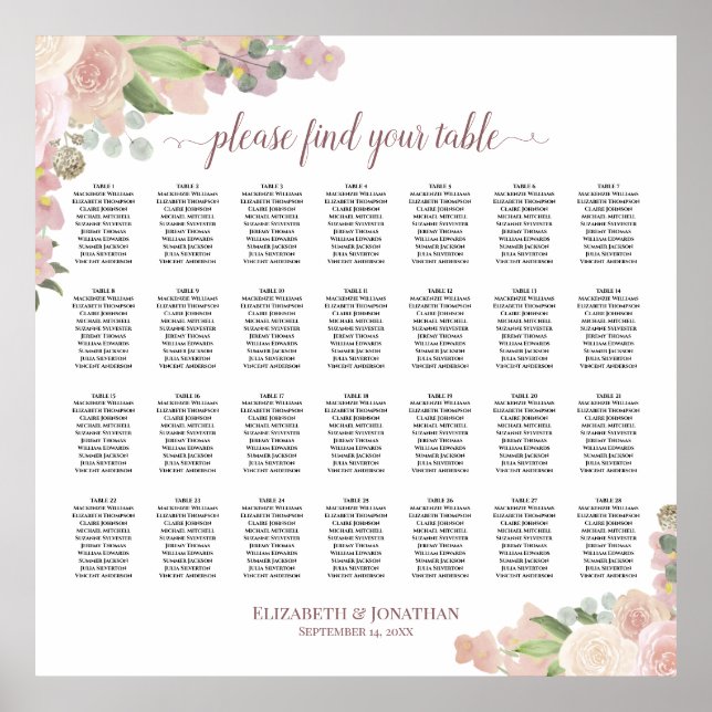 28 Bord Rustic Rosa Blommigt Bröllop Poster (Framsidan)