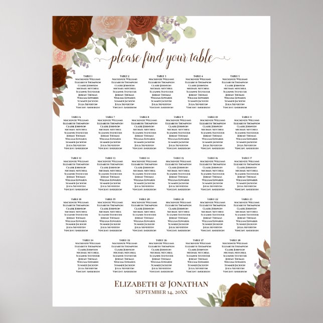 28 Bord Rustik Höst Rosor Bröllops Bordplacering Poster (Framsidan)