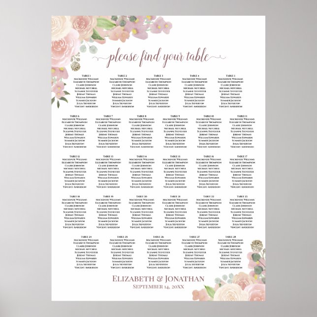 28 Bord Rustik Rosa Blommig Bröllopsplatskarta Poster (Framsidan)