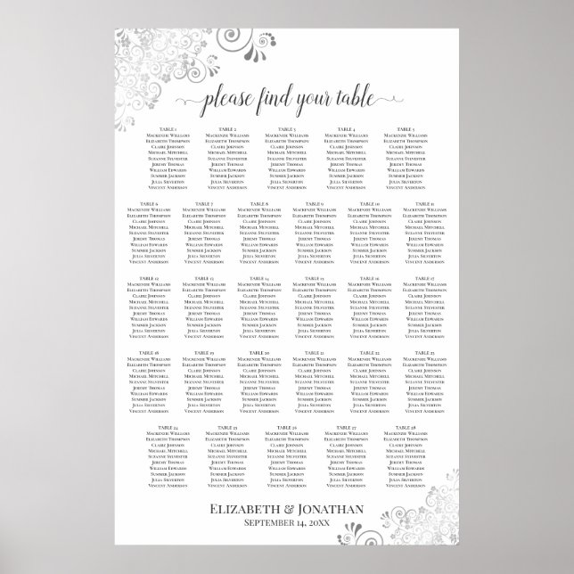 28 Bord Silver & Vit Lyxig Bröllopsställning Plan Poster (Framsidan)