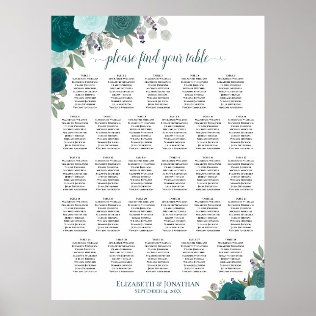 28 Bord Teal Boho Blommig Bröllopsställning Poster (Framsidan)