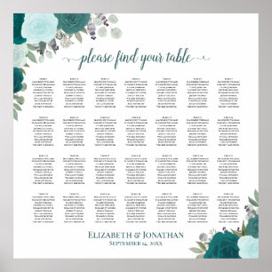 28 Bord Teal Boho Blommigt Bröllop Sittplatsdiagra Poster
