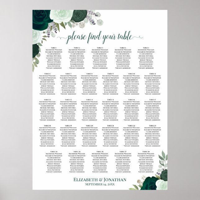 28 Bordsmärkning i Smaragd Boho Blommig Bröllopsst Poster (Framsidan)