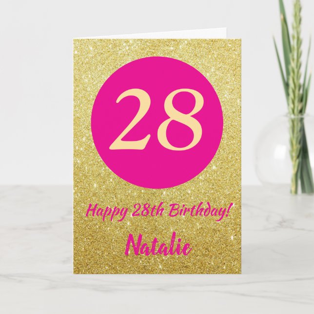 28:e Grattis på födelsedagen Shock rosa och Guld G Kort (Framsida)