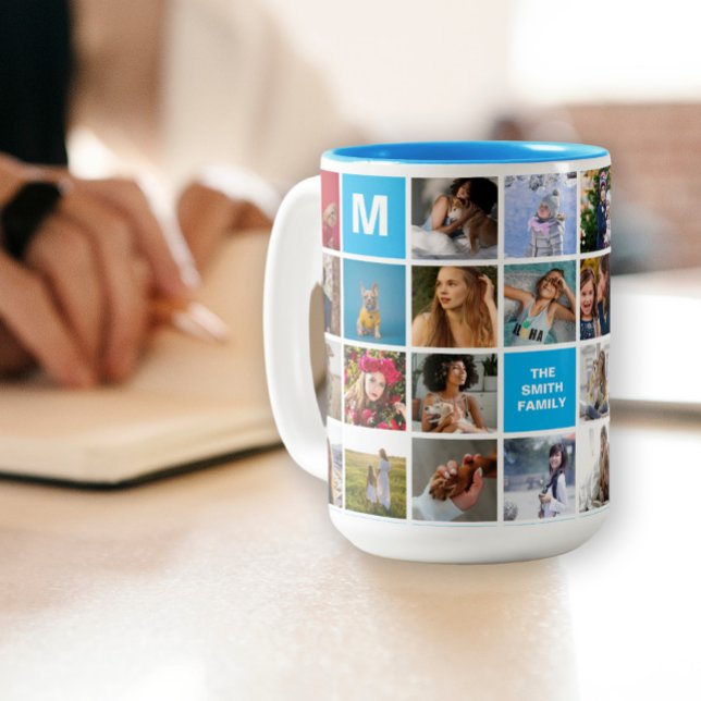 28 Family Photo Collage Monogrammed Mugg (Skapare uppladdad)