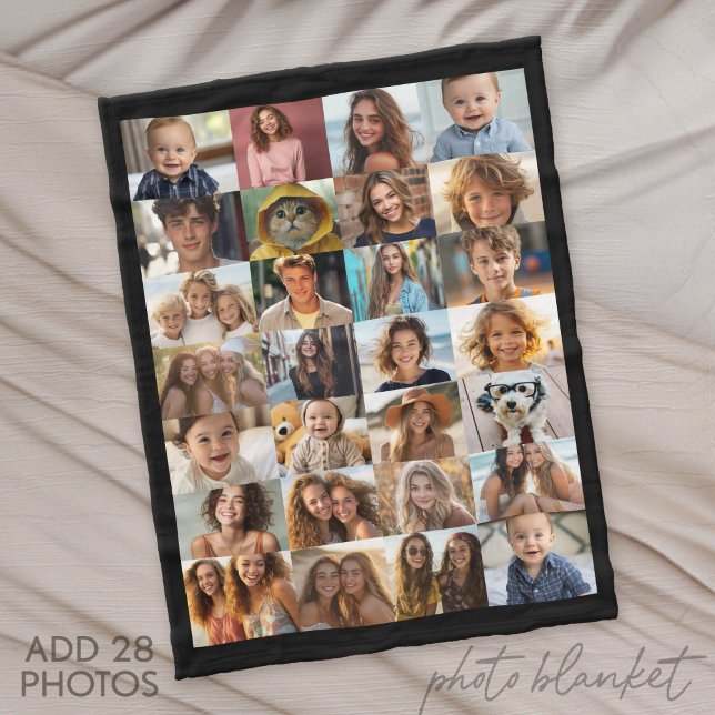 28 Foto Collage Överallt - Svart Fleecefilt (Custom Fleece Blanket with Photo Collage for Family and Friends)