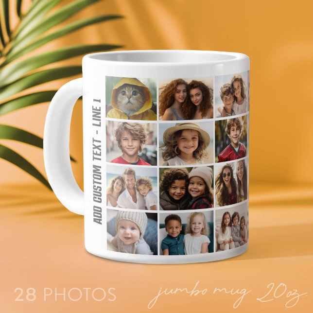 28 Fotocollage Grid - Skripttext - svart vit Jumbo Mugg (Custom Photo Mug with Lots of Photos and 2 Lines of Text on Each Side)