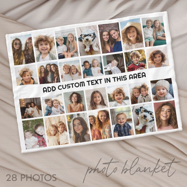 28 Fotokollage Grid - 1 Textruta Fleecefilt (Photo Blanket - Customize with your favorite pictures)