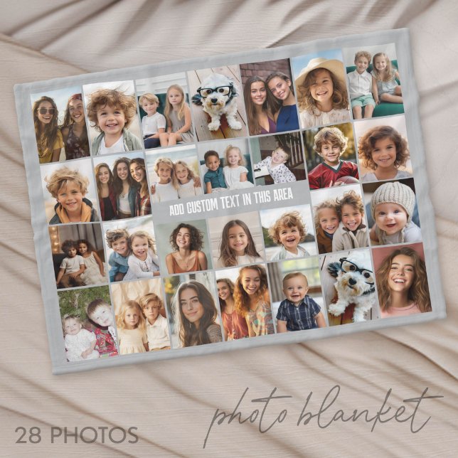 28 Fotokollage Grid - 1 Textruta Fleecefilt (Photo Blanket - Customize with your favorite pictures)