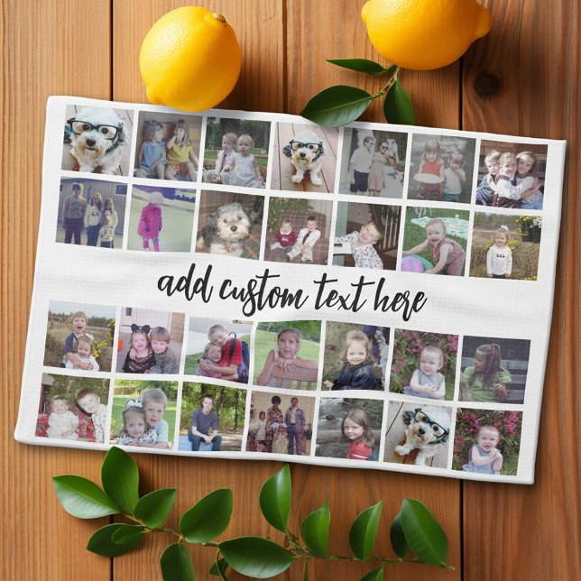 28 Fotokollagraster - 1 textruta - svart vitt Kökshandduk (Custom Kitchen Towel with Photo Collage)