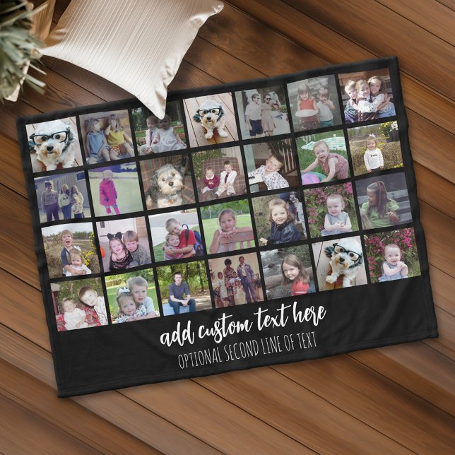 28 Fotokollagraster - 2 textrutor - svart vitt Fleecefilt (Personalized fleece blanket with 28 photos and custom text)