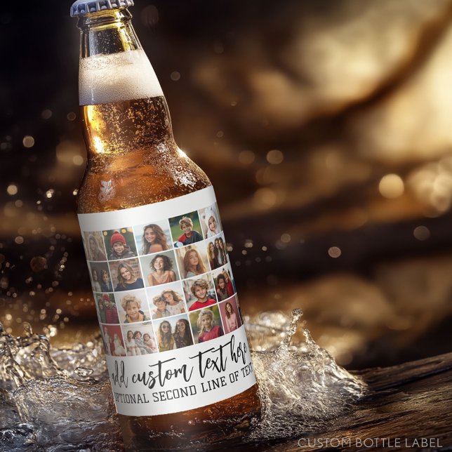 28 Photo Collage Grid - 2 textrutor - vitt Ölflaska Etikett (Custom Photo Collage on a Food and Beverage Label)