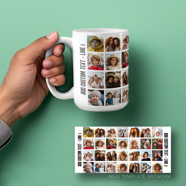 28 Photo Collage Grid - Script Text - svart vitt Kaffemugg (Personalized mug template with a funky 28 photo collage and custom text)